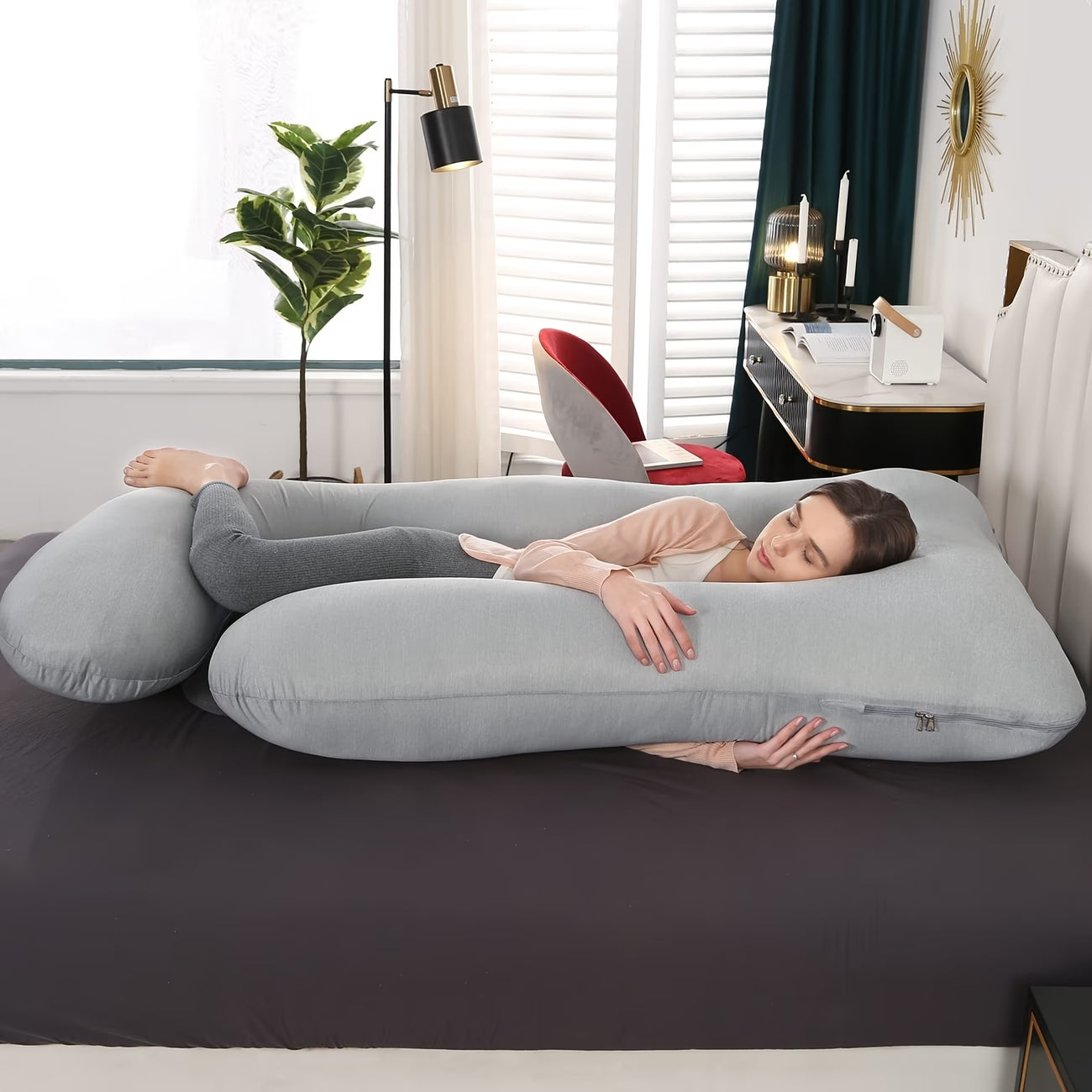 J-Shape Full Body Pillow – Side Sleeper Support for Back, Legs & Belly with Cooling Cover, Medium Firm